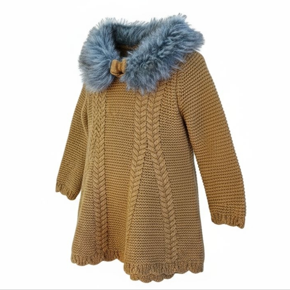Christian Siriano Tan Knit Dress with Faux Fur Collar and  Hat Sz 3-6M